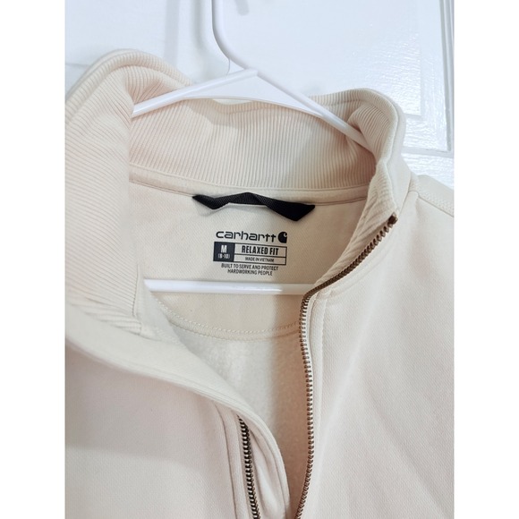 Carhartt Womens Relaxed Fit Quarter Zip Cozy Sweatshirt Cream Off-White Workwear - Picture 5 of 7